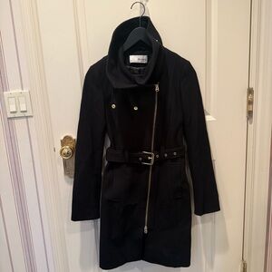 Black funnel neck wool coat with belt. EUC